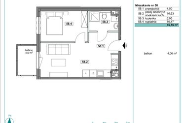 Rzut - Mieszkanie na sprzedaż 2 pokoje o powierzchni 35,74 m² - numer D.58 w Osiedle Kościuszki etap II