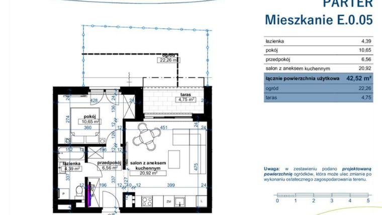 Rzut - Mieszkanie na sprzedaż 2 pokoje o powierzchni 42,52 m² - numer E.0.05 w Wzgórze Poetów 2