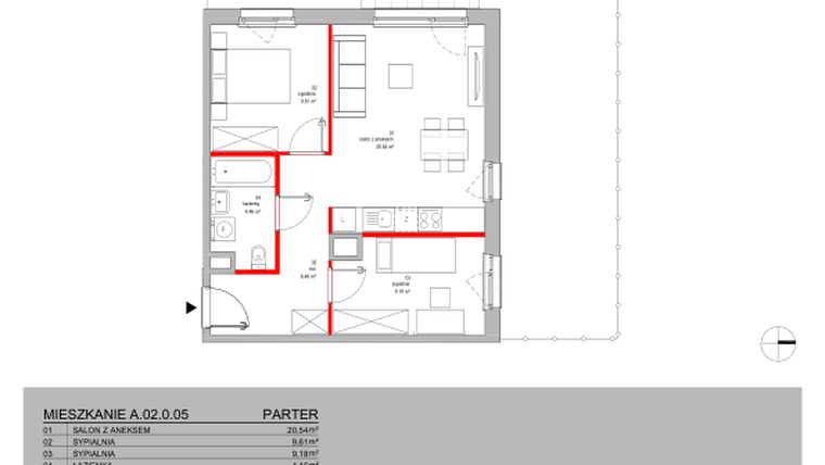 Rzut - Mieszkanie na sprzedaż 3 pokoje o powierzchni 52,27 m² - numer A.02.0.05 w Warszawska 58A