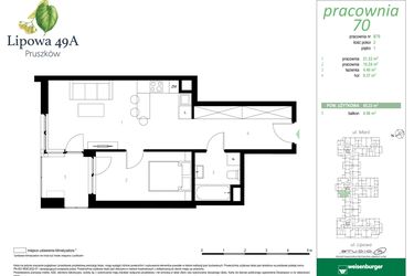 Rzut - Mieszkanie na sprzedaż 2 pokoje o powierzchni 45,23 m² - numer 70B w Lipowa 49A - Apartamenty inwestycyjne