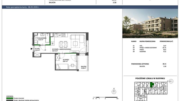Rzut - Mieszkanie na sprzedaż 2 pokoje o powierzchni 36,11 m² - numer C-22 w Hillence etap 3