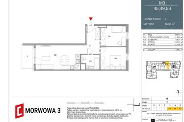 Rzut - Mieszkanie na sprzedaż 3 pokoje o powierzchni 56,96 m² - numer 53 w Morwowa 3