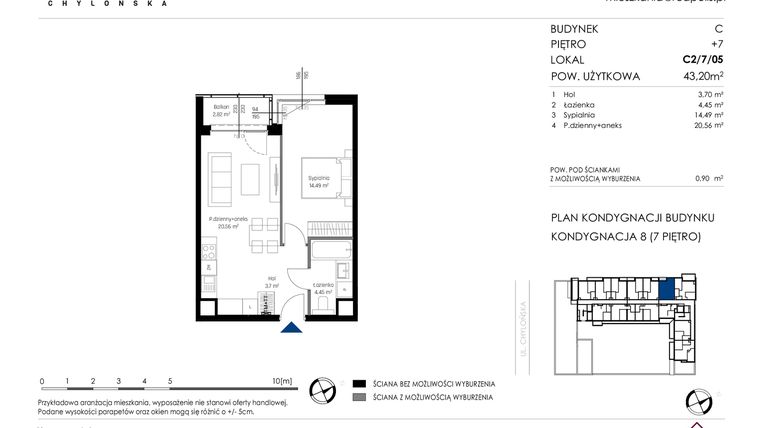 Rzut - Mieszkanie na sprzedaż 2 pokoje o powierzchni 43,2 m² - numer C2/7/05 w Chylońska STO10 etap III