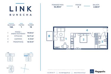 Rzut - Mieszkanie na sprzedaż 2 pokoje o powierzchni 52,2 m² - numer 14A.18 w LINK BUNSCHA