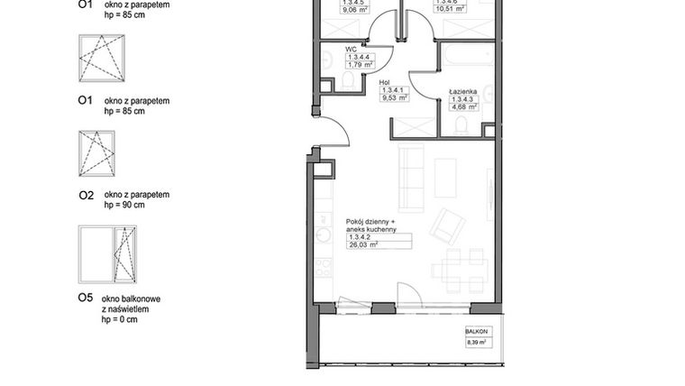 Rzut - Mieszkanie na sprzedaż 3 pokoje o powierzchni 61,6 m² - numer B.1.3.4 w Optima VIII