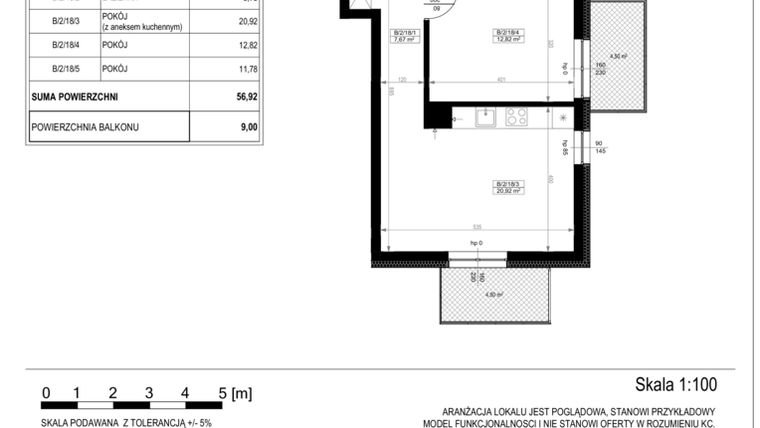 Rzut - Mieszkanie na sprzedaż 3 pokoje o powierzchni 56,92 m² - numer B-2-18 w Zamieszkaj na Rudawskiej 5