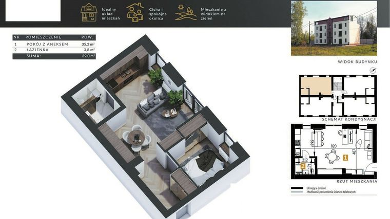 Rzut - Mieszkanie na sprzedaż 1 pokój o powierzchni 39,1 m² - numer 7 w Okrężna 1