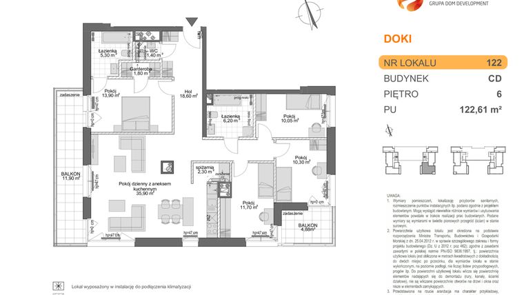 Rzut - Mieszkanie na sprzedaż 5 pokoi o powierzchni 122,61 m² - numer CD.122 w DOKI Living