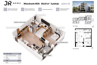 Rzut - Mieszkanie na sprzedaż 2 pokoje o powierzchni 58,24 m² - numer M36 w JR Nowa