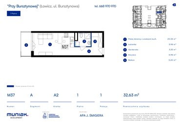 Rzut - Mieszkanie na sprzedaż 1 pokój o powierzchni 32,63 m² - numer 37A w Przy Bursztynowej
