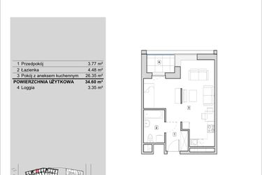 Rzut - Mieszkanie na sprzedaż 1 pokój o powierzchni 34,6 m² - numer H1-A-5-2 w Heyki City