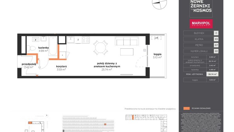 Rzut - Mieszkanie na sprzedaż 1 pokój o powierzchni 36,74 m² - numer C-07-22-K5 w Nowe Żerniki to KOSMOS