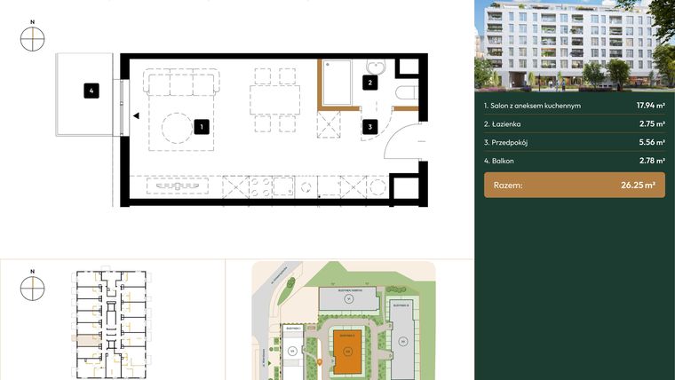 Rzut - Mieszkanie na sprzedaż 1 pokój o powierzchni 26,25 m² - numer 2.M2.04 w Wierzbowa 20
