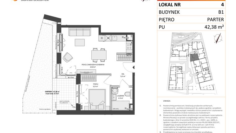 Rzut - Mieszkanie na sprzedaż 2 pokoje o powierzchni 42,38 m² - numer B1.4 w Zajezdnia Motława