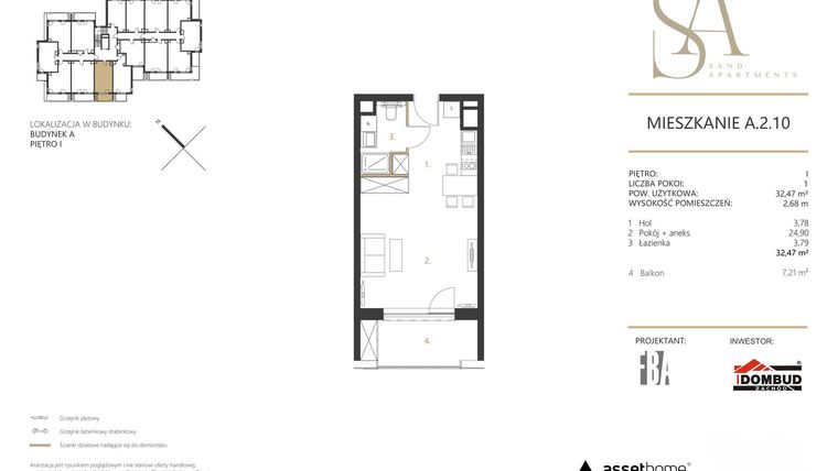 Rzut - Mieszkanie na sprzedaż 1 pokój o powierzchni 32,47 m² - numer A.2.10 w Sand Apartments