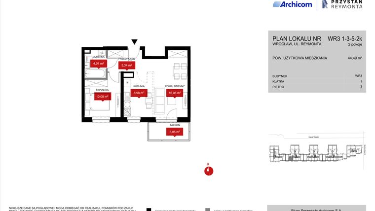 Rzut - Mieszkanie na sprzedaż 2 pokoje o powierzchni 44,49 m² - numer WR3 1/3/5/2k w Przystań Reymonta etap II