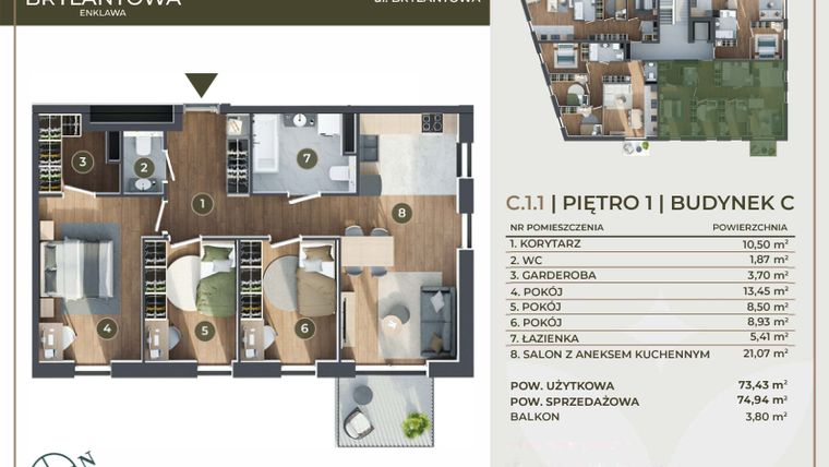 Rzut - Mieszkanie na sprzedaż 4 pokoje o powierzchni 73,43 m² - numer C.1.1 w Brylantowa Enklawa bud. C