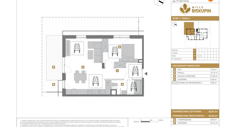 Rzut - Mieszkanie na sprzedaż 2 pokoje o powierzchni 52,01 m² - numer L.3 w Wille Biskupin II