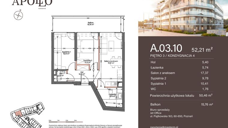 Rzut - Mieszkanie na sprzedaż 3 pokoje o powierzchni 50,46 m² - numer A.3.10 w Apollo Residence