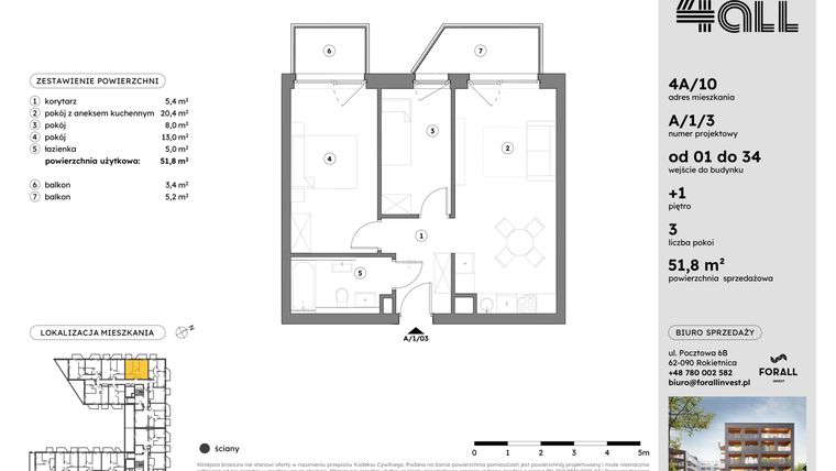 Rzut - Mieszkanie na sprzedaż 3 pokoje o powierzchni 51,76 m² - numer A/1/3 w Osiedle Mateckiego 4ALL