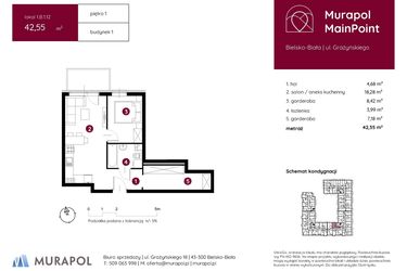 Rzut - Mieszkanie na sprzedaż 1 pokój o powierzchni 42,55 m² - numer 1.B.1.12 w Murapol MainPoint