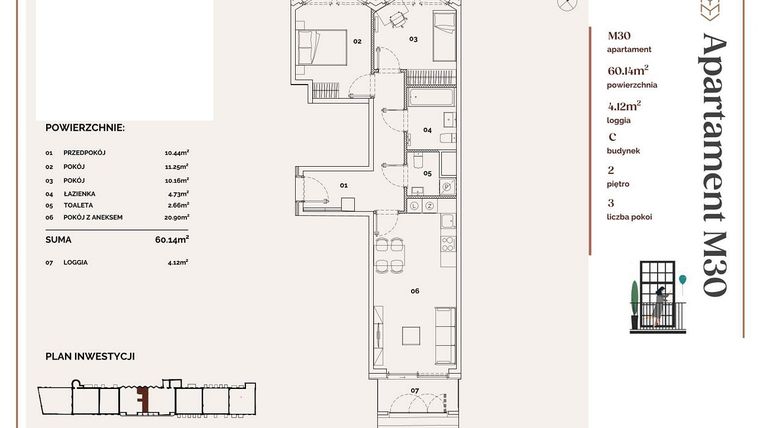 Rzut - Mieszkanie na sprzedaż 3 pokoje o powierzchni 60,14 m² - numer C.30 w Młyny Mogilska