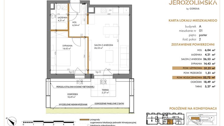 Rzut - Mieszkanie na sprzedaż 2 pokoje o powierzchni 52,3 m² - numer A-01 w Jerozolimska