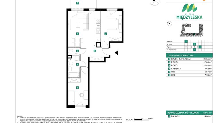 Rzut - Mieszkanie na sprzedaż 3 pokoje o powierzchni 60,15 m² - numer 97 w Osiedle Międzyleska - etap II