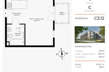 Rzut - Mieszkanie na sprzedaż 1 pokój o powierzchni 33,3 m² - numer C3.12 w Enklawa Bukowa II