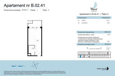 Rzut - Mieszkanie na sprzedaż 1 pokój o powierzchni 30,68 m² - numer B.02.41 w Wave Świnoujście Thermal & Spa
