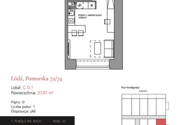 Rzut - Mieszkanie na sprzedaż 1 pokój o powierzchni 28,39 m² - numer C 0.1 w Melody Loft