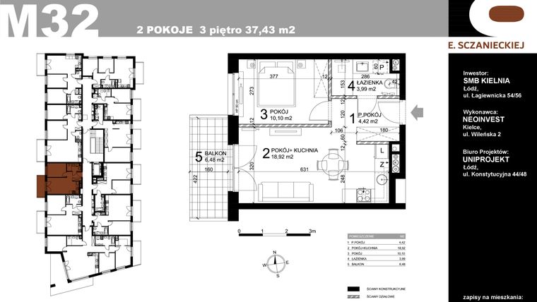 Rzut - Mieszkanie na sprzedaż 2 pokoje o powierzchni 37,43 m² - numer M32 w Sczanieckiej 8