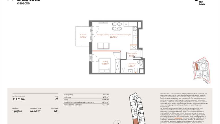 Rzut - Mieszkanie na sprzedaż 2 pokoje o powierzchni 42,41 m² - numer A1.1-01.04 w Sarnie Osiedle