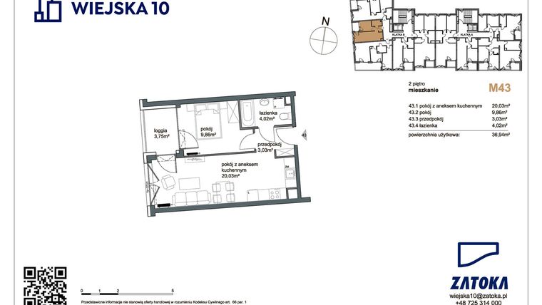 Rzut - Mieszkanie na sprzedaż 2 pokoje o powierzchni 36,94 m² - numer M43 w Wiejska 10