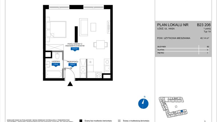 Rzut - Mieszkanie na sprzedaż 1 pokój o powierzchni 40,14 m² - numer B23 206 w Flow - bud. B2 A i bud. B2 B