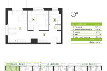 Rzut - Mieszkanie na sprzedaż 2 pokoje o powierzchni 43,93 m² - numer 1K1 M8 w Osiedle Krzeptów przy lesie