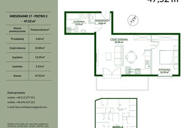 Rzut - Mieszkanie na sprzedaż 2 pokoje o powierzchni 47,52 m² - numer 17 w Bukowa etap II