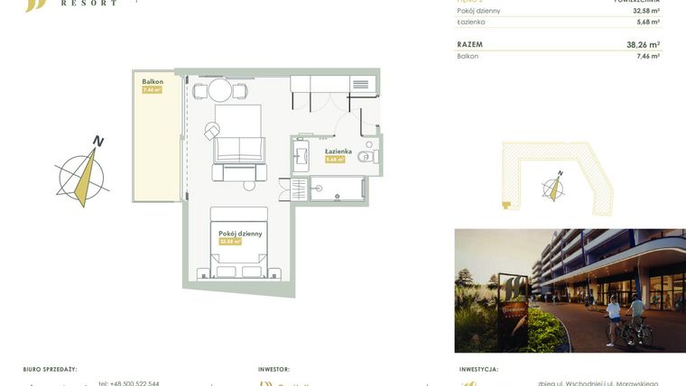 Rzut - Mieszkanie na sprzedaż 1 pokój o powierzchni 38,26 m² - numer H.2.13 w Harmony Resort