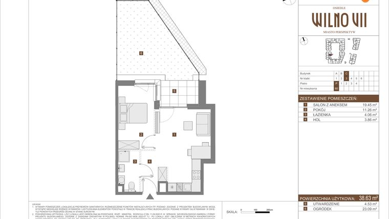 Rzut - Mieszkanie na sprzedaż 2 pokoje o powierzchni 38,63 m² - numer C.60 w Osiedle Wilno VII etap 3