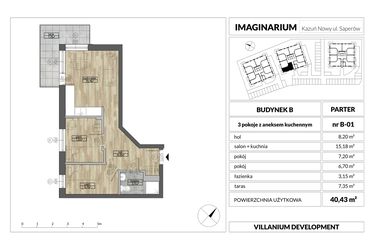 Rzut - Mieszkanie na sprzedaż 3 pokoje o powierzchni 40,43 m² - numer 1 w Imaginarium Kazuń Nowy - bud. B