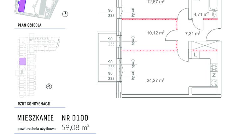 Rzut - Mieszkanie na sprzedaż 3 pokoje o powierzchni 59,08 m² - numer D100 w Osiedle Impresja 2