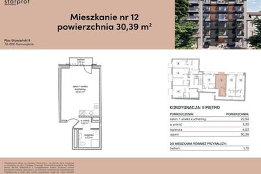 Rzut - Mieszkanie na sprzedaż 1 pokój o powierzchni 30,39 m² - numer M12 w Plac Słowiański 9