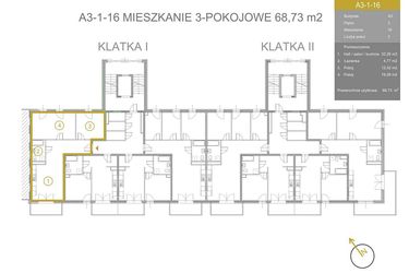 Rzut - Mieszkanie na sprzedaż 3 pokoje o powierzchni 68,73 m² - numer A3-1-16 w Vidok Residence - etap III