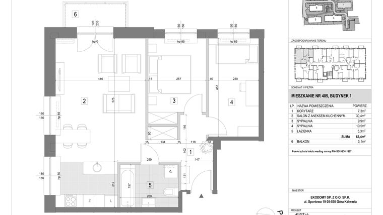 Rzut - Mieszkanie na sprzedaż 3 pokoje o powierzchni 63,4 m² - numer 1A.405 w Osiedle Kalwaryjska 45