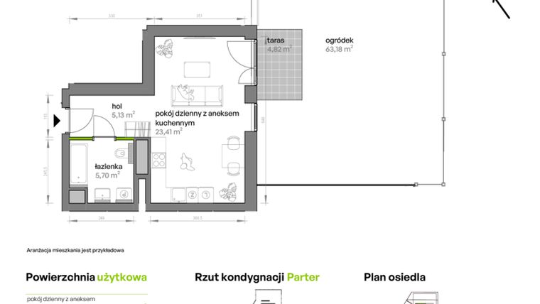 Rzut - Mieszkanie na sprzedaż 1 pokój o powierzchni 35,02 m² - numer AA0001 w Ptasia Vita