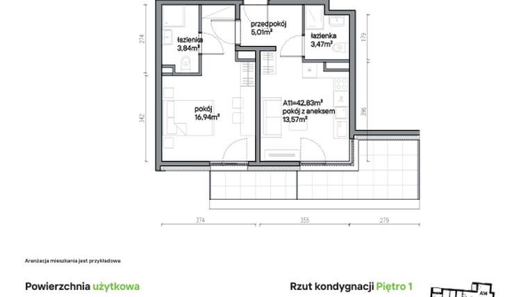 Rzut - Mieszkanie na sprzedaż 2 pokoje o powierzchni 42,83 m² - numer A11 w Traugutta Vita