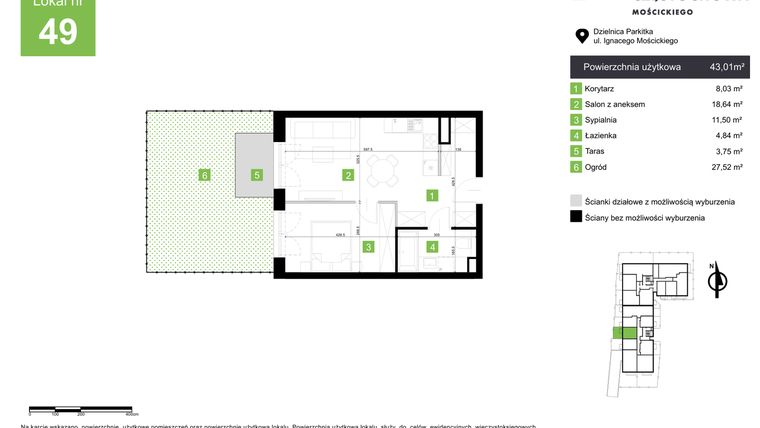 Rzut - Mieszkanie na sprzedaż 2 pokoje o powierzchni 43,01 m² - numer M49 w Nowa Częstochowa Mościckiego