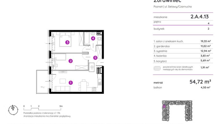 Rzut - Mieszkanie na sprzedaż 2 pokoje o powierzchni 54,3 m² - numer 2.A.4.13 w Murapol Zielony Żurawiniec