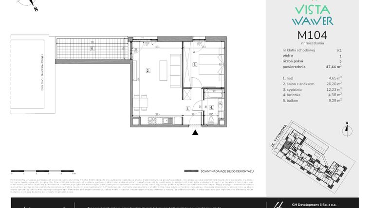 Rzut - Mieszkanie na sprzedaż 2 pokoje o powierzchni 47,44 m² - numer M104 w Vista Wawer