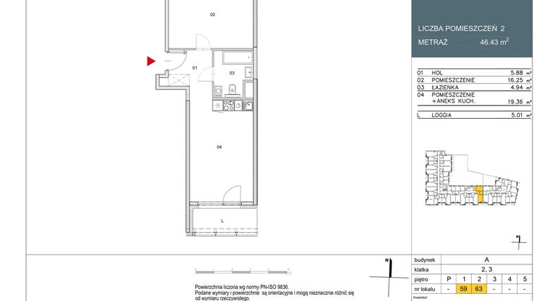 Rzut - Mieszkanie na sprzedaż 2 pokoje o powierzchni 46,43 m² - numer L59 w Morwowa 5 - Apartamenty inwestycyjne